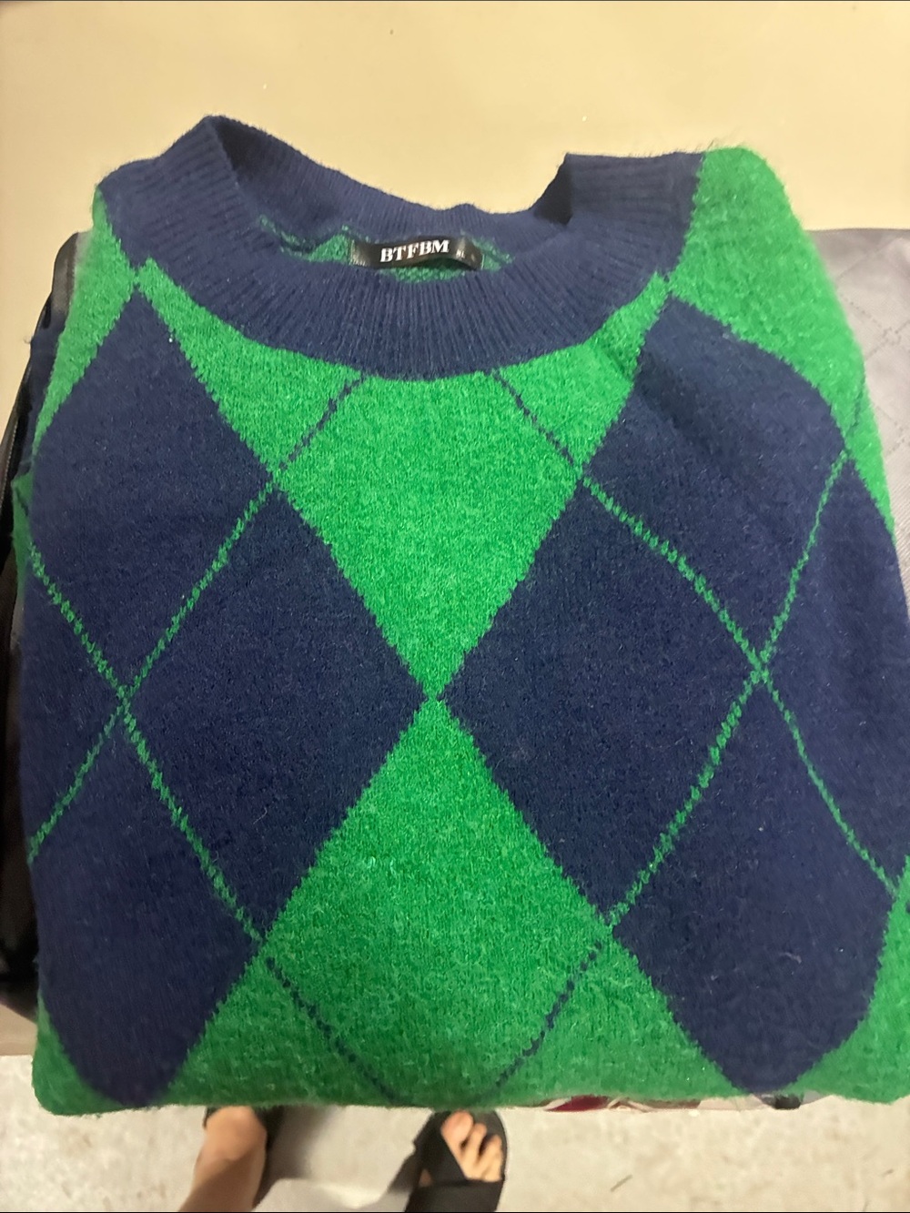 BTFBM Men's Green & Navy Argyle Crewneck Sweater